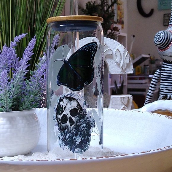 Butterfly & skull 24 oz can glass and frosted Mug set - Picture 1 of 5